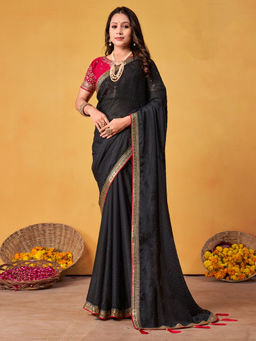 Akhilam - Women's Georgette Fabric Black Embroidered Saree with Unstitched Blouse