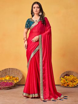 Akhilam - Women's Georgette Fabric Red Embroidered Saree with Unstitched Blouse