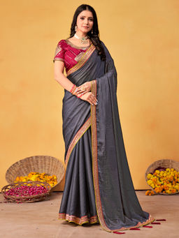 Akhilam - Women's Georgette Fabric Grey Embroidered Saree with Unstitched Blouse