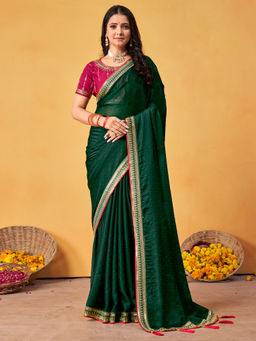 Akhilam - Women's Georgette Fabric Green Embroidered Saree with Unstitched Blouse