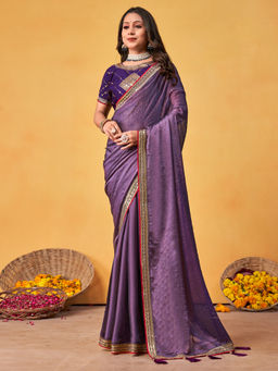 Akhilam - Women's Georgette Fabric Lavender Embroidered Saree with Unstitched Blouse