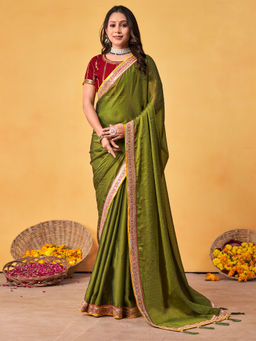 Akhilam - Women's Georgette Fabric Olive Embroidered Saree with Unstitched Blouse