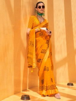 Akhilam - Women's Georgette Fabric Yellow Printed Saree with Unstitched Blouse