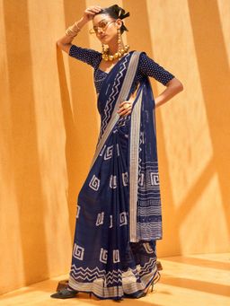 Akhilam - Women's Georgette Fabric Navy Blue Printed Saree with Unstitched Blouse