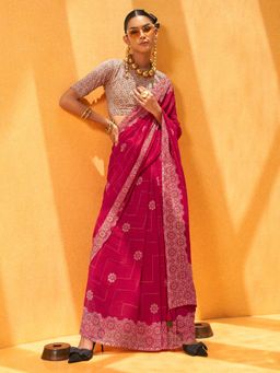 Akhilam - Women's Georgette Fabric Pink Printed Saree with Unstitched Blouse