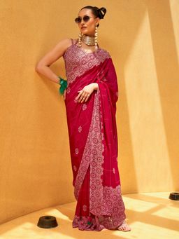 Akhilam - Women's Georgette Fabric Pink Printed Saree with Unstitched Blouse