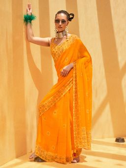 Akhilam - Women's Georgette Fabric Yellow Printed Saree with Unstitched Blouse