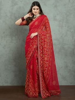 Akhilam - Women's Georgette Fabric Red Printed Saree with Unstitched Blouse