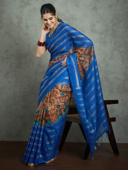 Akhilam - Women's Georgette Fabric Blue Printed Saree with Unstitched Blouse