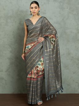 Akhilam - Women's Georgette Fabric Grey Printed Saree with Unstitched Blouse