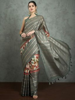 Akhilam - Women's Georgette Fabric Grey Printed Saree with Unstitched Blouse