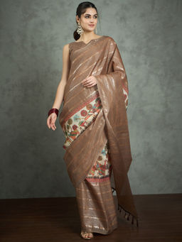 Akhilam - Women's Georgette Fabric Brown Printed Saree with Unstitched Blouse