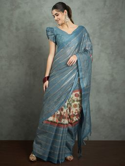 Akhilam - Women's Georgette Fabric Blue Printed Saree with Unstitched Blouse