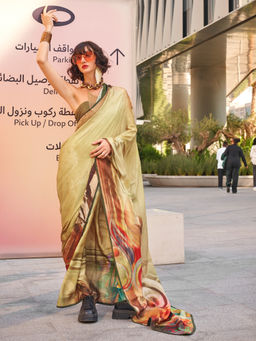 Akhilam - Women's Georgette Fabric Beige Printed Saree with Unstitched Blouse