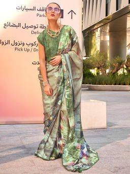 Akhilam - Women's Georgette Fabric Aqua Printed Saree with Unstitched Blouse