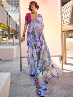 Akhilam - Women's Georgette Fabric Lavender Printed Saree with Unstitched Blouse