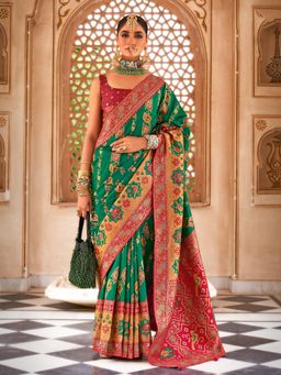 Akhilam - Women's Georgette Fabric Green Woven Saree with Unstitched Blouse