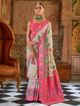 Akhilam - Women's Georgette Fabric White Woven Saree with Unstitched Blouse