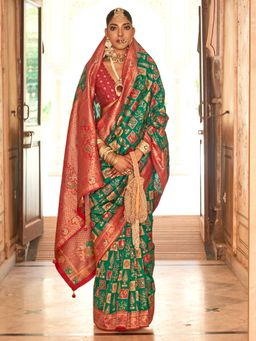 Akhilam - Women's Georgette Fabric Green Woven Saree with Unstitched Blouse