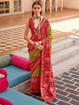 Akhilam - Women's Georgette Fabric Olive Woven Saree with Unstitched Blouse