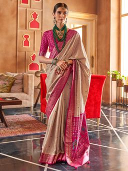 Akhilam - Women's Georgette Fabric Beige Woven Saree with Unstitched Blouse