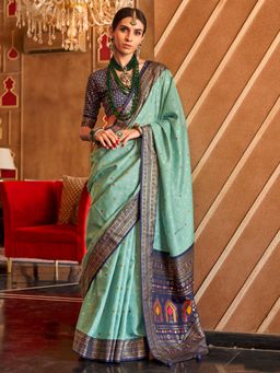 Akhilam - Women's Georgette Fabric Aqua Woven Saree with Unstitched Blouse