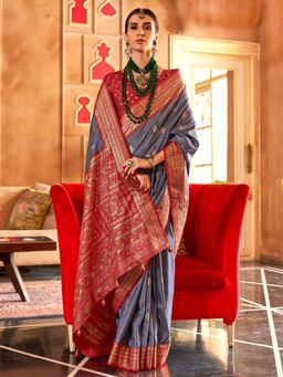 Akhilam - Women's Georgette Fabric Grey Woven Saree with Unstitched Blouse