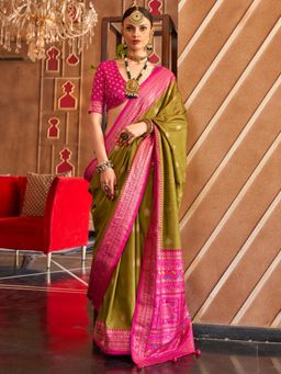 Akhilam - Women's Georgette Fabric Olive Woven Saree with Unstitched Blouse