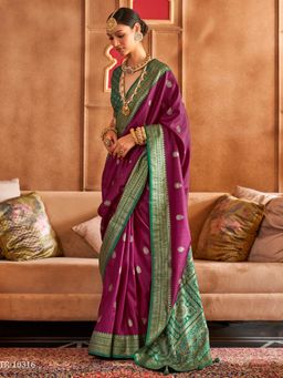 Akhilam - Women's Georgette Fabric Magenta Woven Saree with Unstitched Blouse