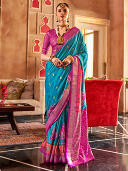 Akhilam - Women's Georgette Fabric Blue Woven Saree with Unstitched Blouse