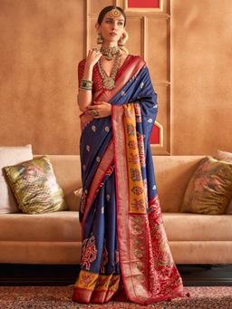 Akhilam - Women's Georgette Fabric Navy Blue Woven Saree with Unstitched Blouse