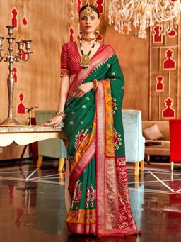 Akhilam - Women's Georgette Fabric Green Woven Saree with Unstitched Blouse