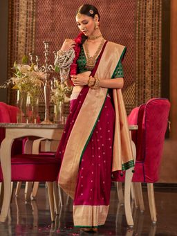 Akhilam - Women's Georgette Fabric Pink Woven Saree with Unstitched Blouse