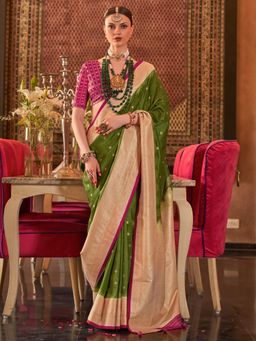 Akhilam - Women's Georgette Fabric Green Woven Saree with Unstitched Blouse