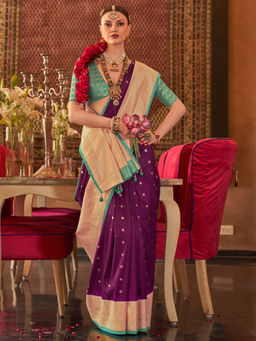 Akhilam - Women's Georgette Fabric Purple Woven Saree with Unstitched Blouse