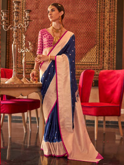 Akhilam - Women's Georgette Fabric Navy Blue Woven Saree with Unstitched Blouse