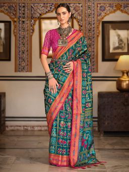 Akhilam - Women's Georgette Fabric Teal Woven Saree with Unstitched Blouse