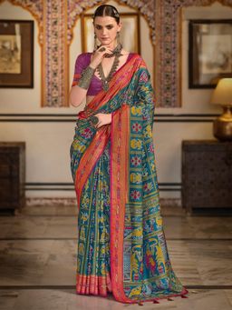 Akhilam - Women's Georgette Fabric Teal Woven Saree with Unstitched Blouse