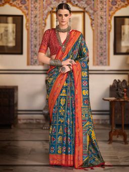 Akhilam - Women's Georgette Fabric Navy Blue Woven Saree with Unstitched Blouse