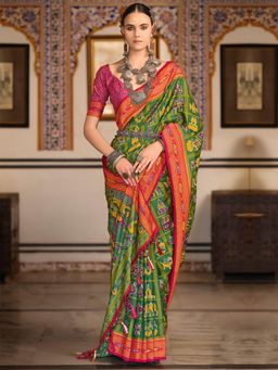 Akhilam - Women's Georgette Fabric Green Woven Saree with Unstitched Blouse
