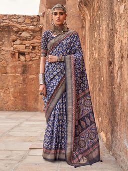 Akhilam - Women's Georgette Fabric Navy Blue Woven Saree with Unstitched Blouse