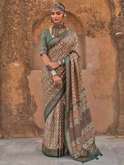 Akhilam - Women's Georgette Fabric Green Woven Saree with Unstitched Blouse