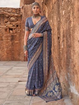Akhilam - Women's Georgette Fabric Navy Blue Woven Saree with Unstitched Blouse