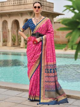 Akhilam - Women's Georgette Fabric Pink Woven Saree with Unstitched Blouse