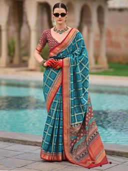 Akhilam - Women's Georgette Fabric Blue Woven Saree with Unstitched Blouse