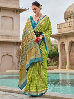 Akhilam - Women's Georgette Fabric Green Woven Saree with Unstitched Blouse