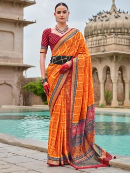 Akhilam - Women's Georgette Fabric Orange Woven Saree with Unstitched Blouse