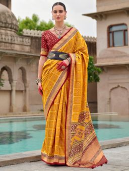 Akhilam - Women's Georgette Fabric Yellow Woven Saree with Unstitched Blouse