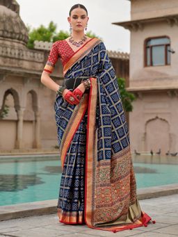 Akhilam - Women's Georgette Fabric Navy Blue Woven Saree with Unstitched Blouse