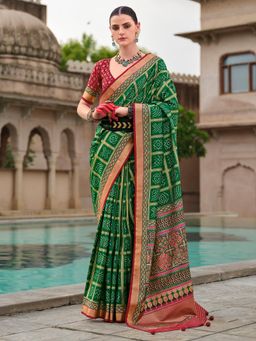 Akhilam - Women's Georgette Fabric Green Woven Saree with Unstitched Blouse